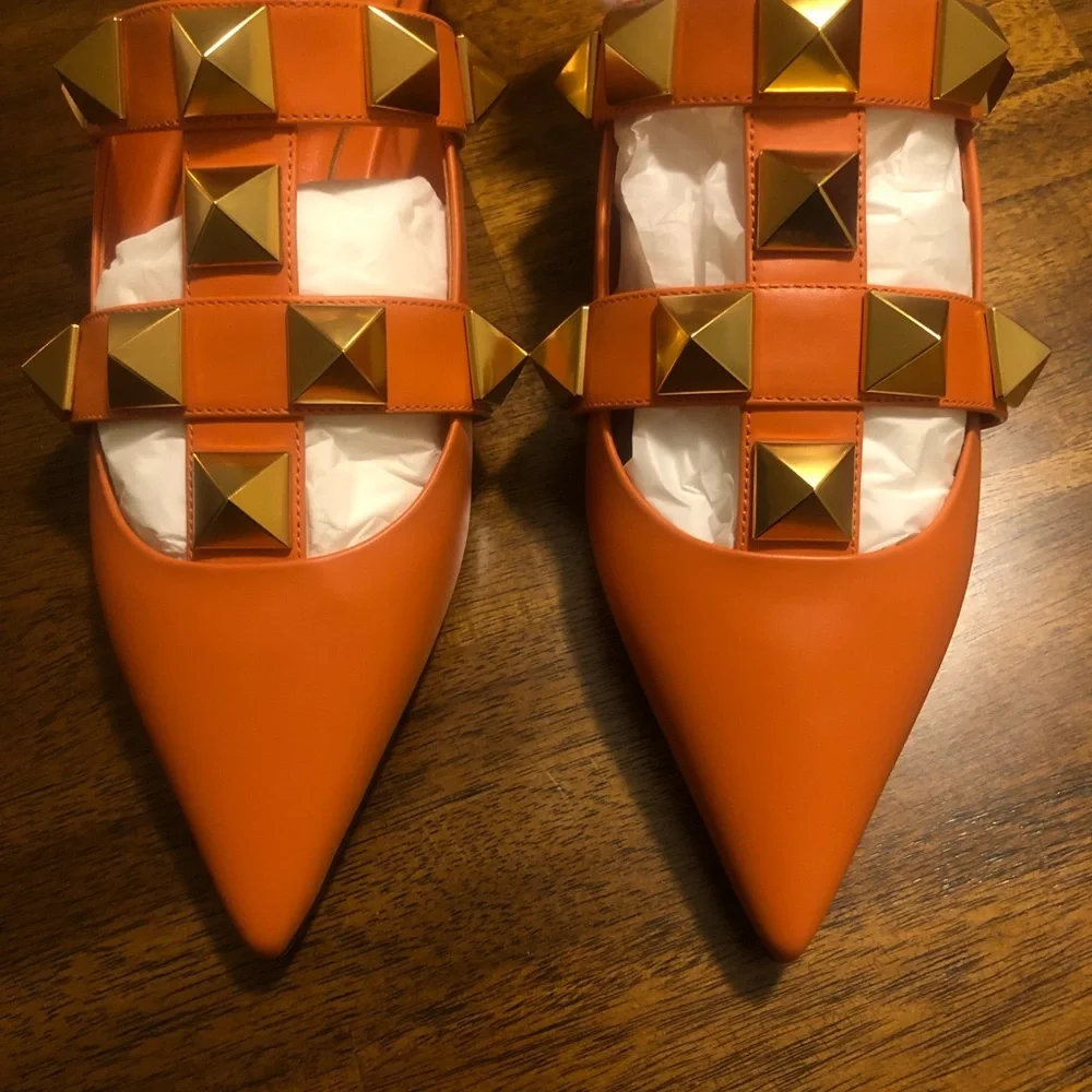 NIB $1100 VALENTINO Roman Stud Ankle-cuff Leather Ballerinas In Orange Zest 37.5